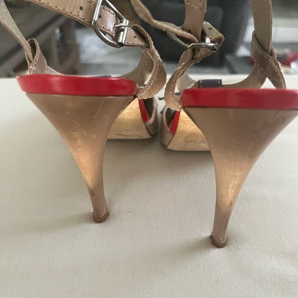 Manolo Blahnik Persefa Buckled T-Strap Sandal, Taupe/Blue/Red Sz 7 - Picture 3 of 7